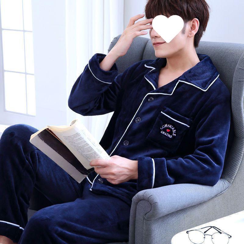 

Men s Thickened Fleece-Lined Flannel Pajama Set - Warm, Long Sleeve Cardigan for Autumn/Winter XXXL [85-95 kg]
