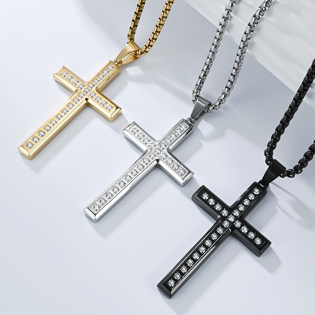 Fashion Trend Jewelry Titanium Steel Inlaid Diamond Cross Necklace Men's and Women's Simple High-end Cross Pendant