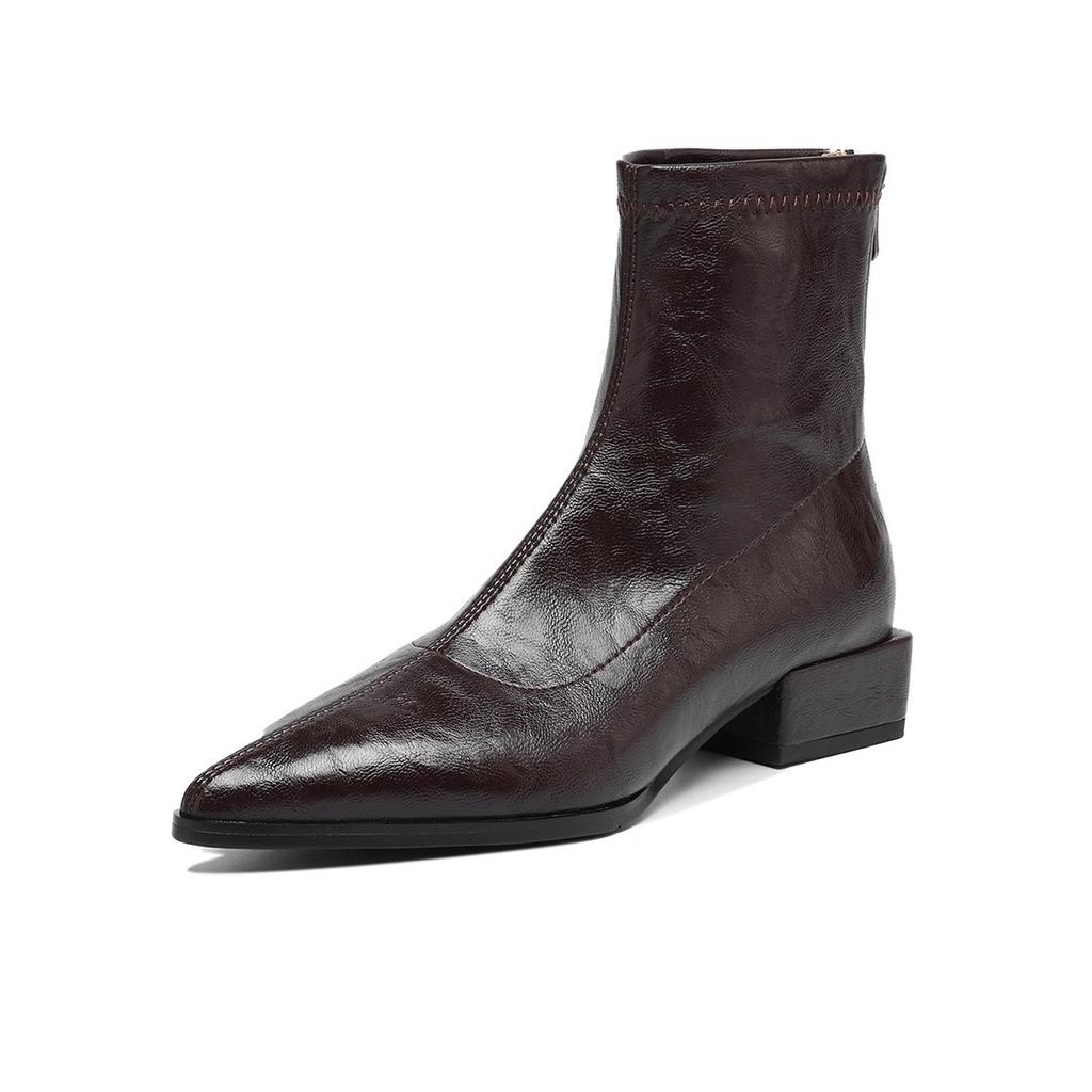 French pointed low heel brown elastic thin boots 2025 autumn and winter new thin short boots women's retro Chelsea boots