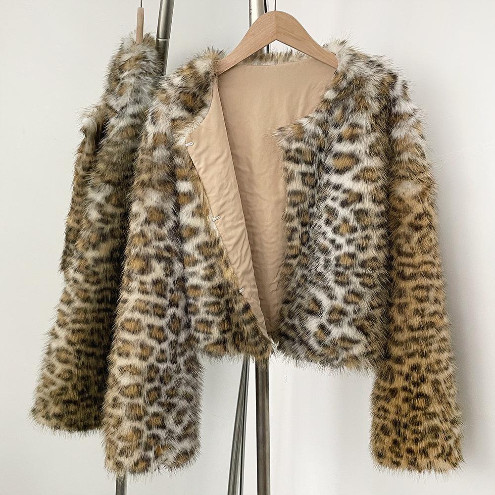 Leopard Print Short O Neck Faux Fur Jacket High-quality Casual Short Plush Jacket 2026 Winter S