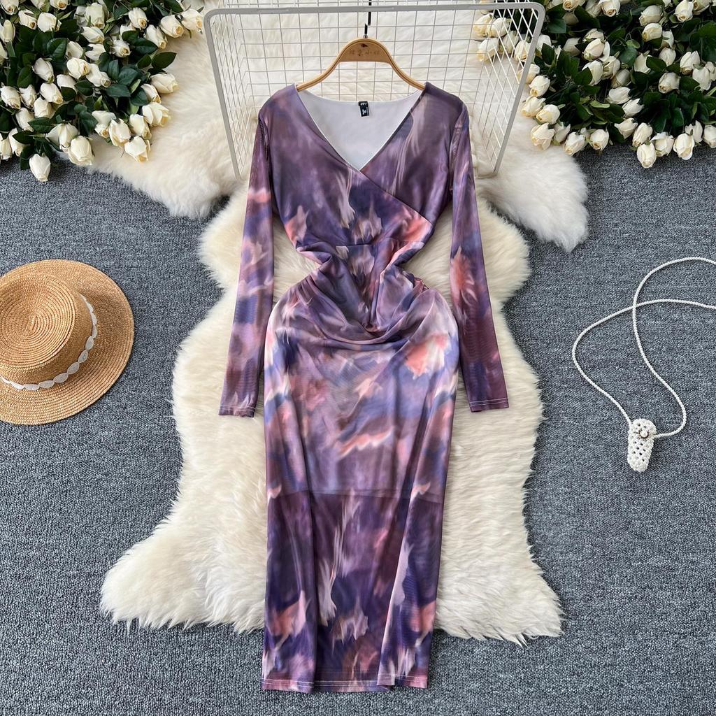 Neu Frühling Sommer Sexy Aushöhlen Mesh Langarm Kleid Frauen Elegante V-ausschnitt Floral Print Schlank Midi