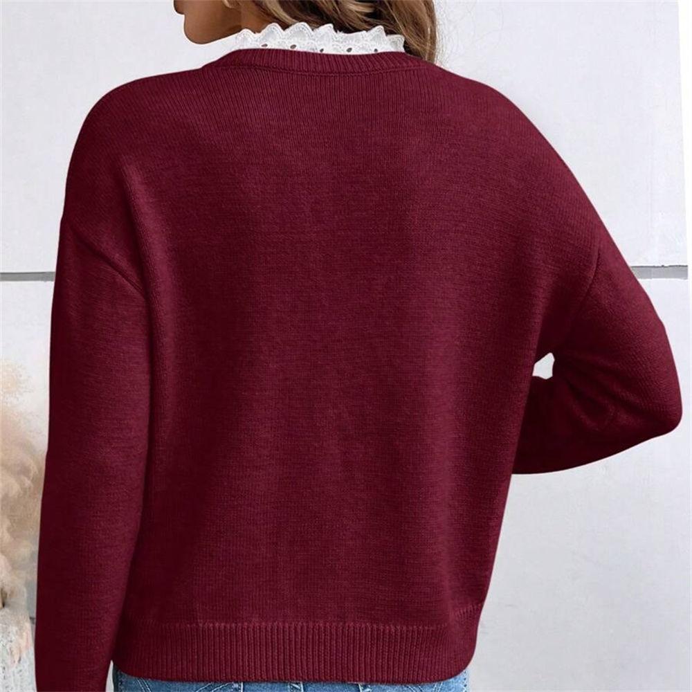 Women's Autumn & Winter Lace Trim V-Neck Sweater, Solid Color Loose Long Sleeve Knit Top S-XL