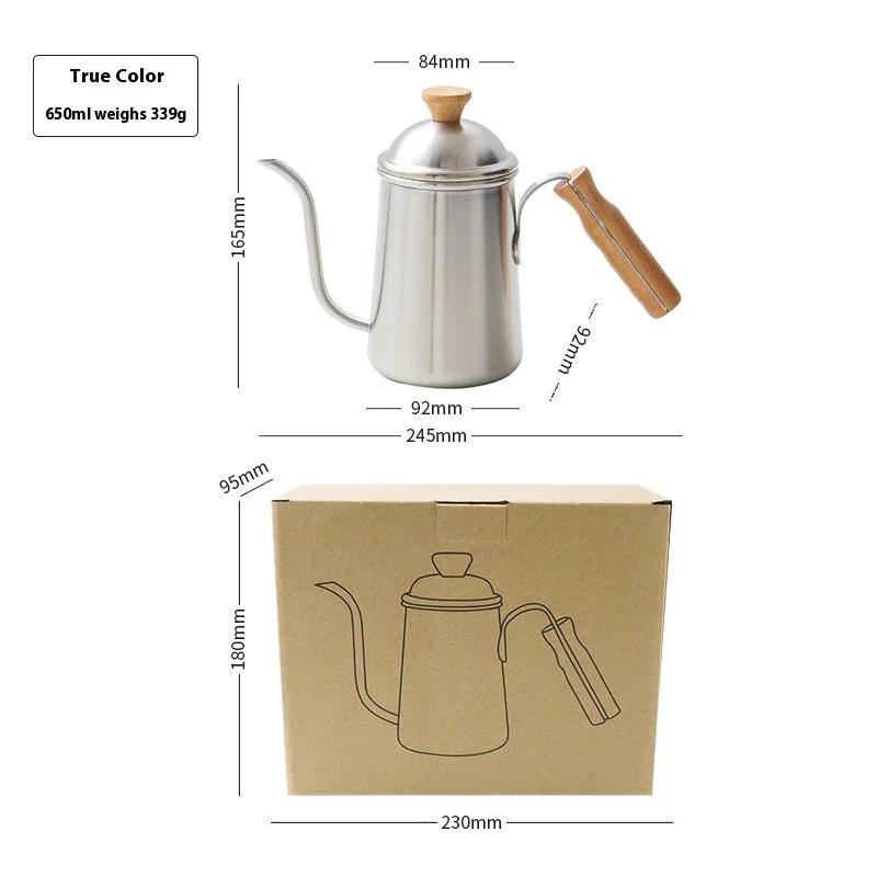 650ml Nerezová konvice na kávu s husím krkem, konvička na čajovou vodu s dřevěnou rukojetí, kempingová přenosná konvička na kávu pour over, kávové nádobí
