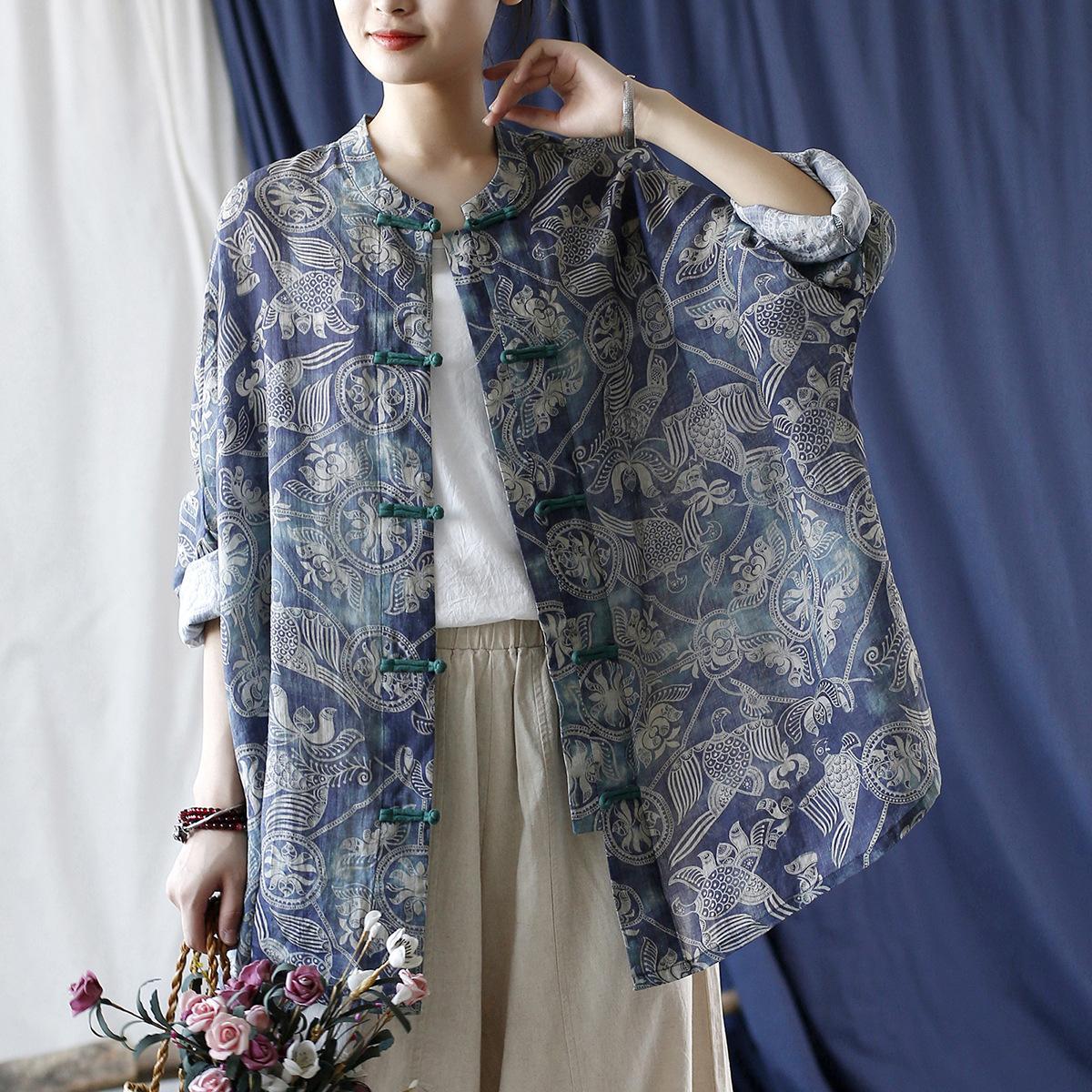 

Johnature женские винтажные рубашки Ramie с рукавами «летучая мышь» и цветочным принтом, осенние блузки на пуговицах, свободные женские рубашки высокого качества One Size синий