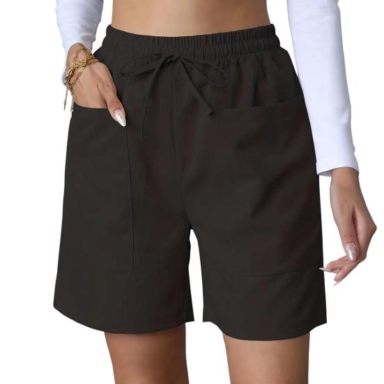Damen Sommer-Shorts, lässig, Stretch, mittlere Taille, Shorts mit Taschen, Kordelzug, weites Bein
