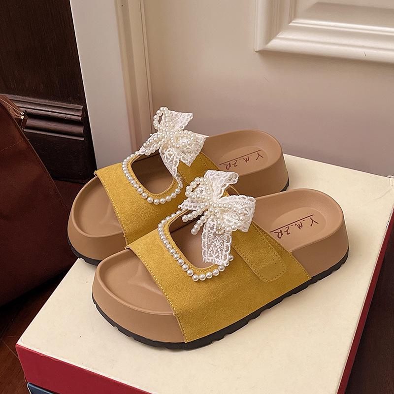 

Thick Bottom Anti Slip Butterfly Knot with Inner Height Increase Mary Jane Slippers Women Fashion Versatile Casual Beach Shoes 35 жовтий