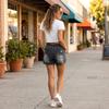 Women's Casual Distressed Denim Shorts with Elastic Drawstring Waist Relaxed Fit Three Inch Inseam Lightweight Summer Bottoms