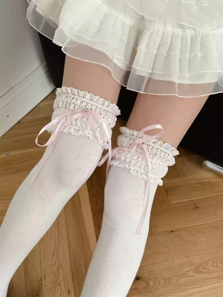 Stockings Women Japanese Style Solid Color Long Socks Thigh High Stockings Sweet Girls Lolita Lace Ruffle Socks Thigh High Socks