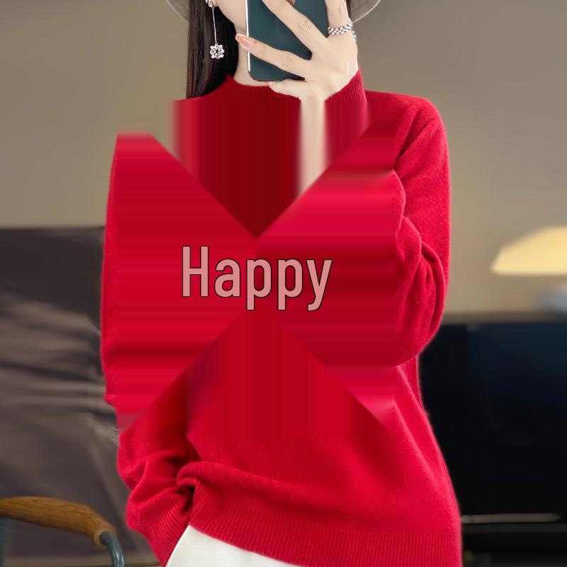 2024 Women's Zodiac Red Wool Sweater - Long Sleeve, Round Neck, Half High Neck