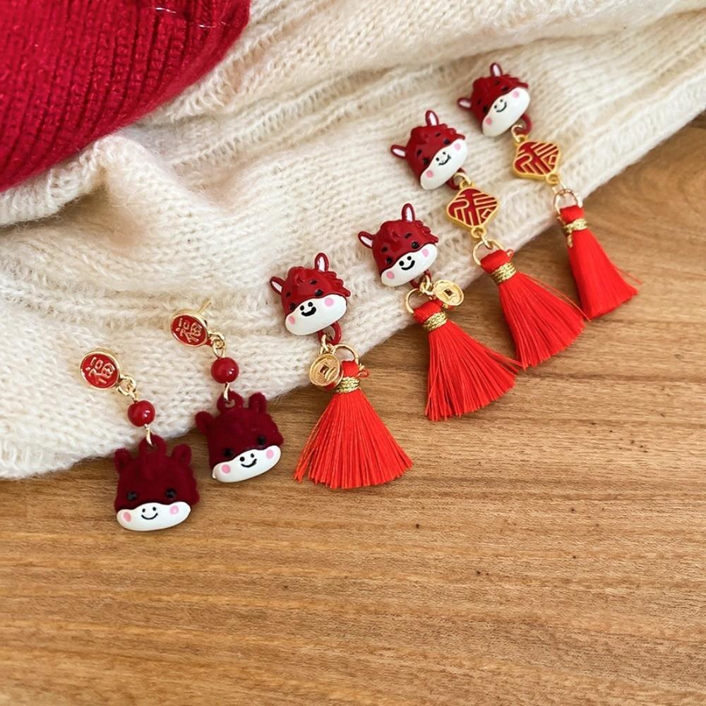 Tassel Red Pony Earrings Flocking Horse Mascot Drop Earrings Retro New Year Horse Earrings  Girls