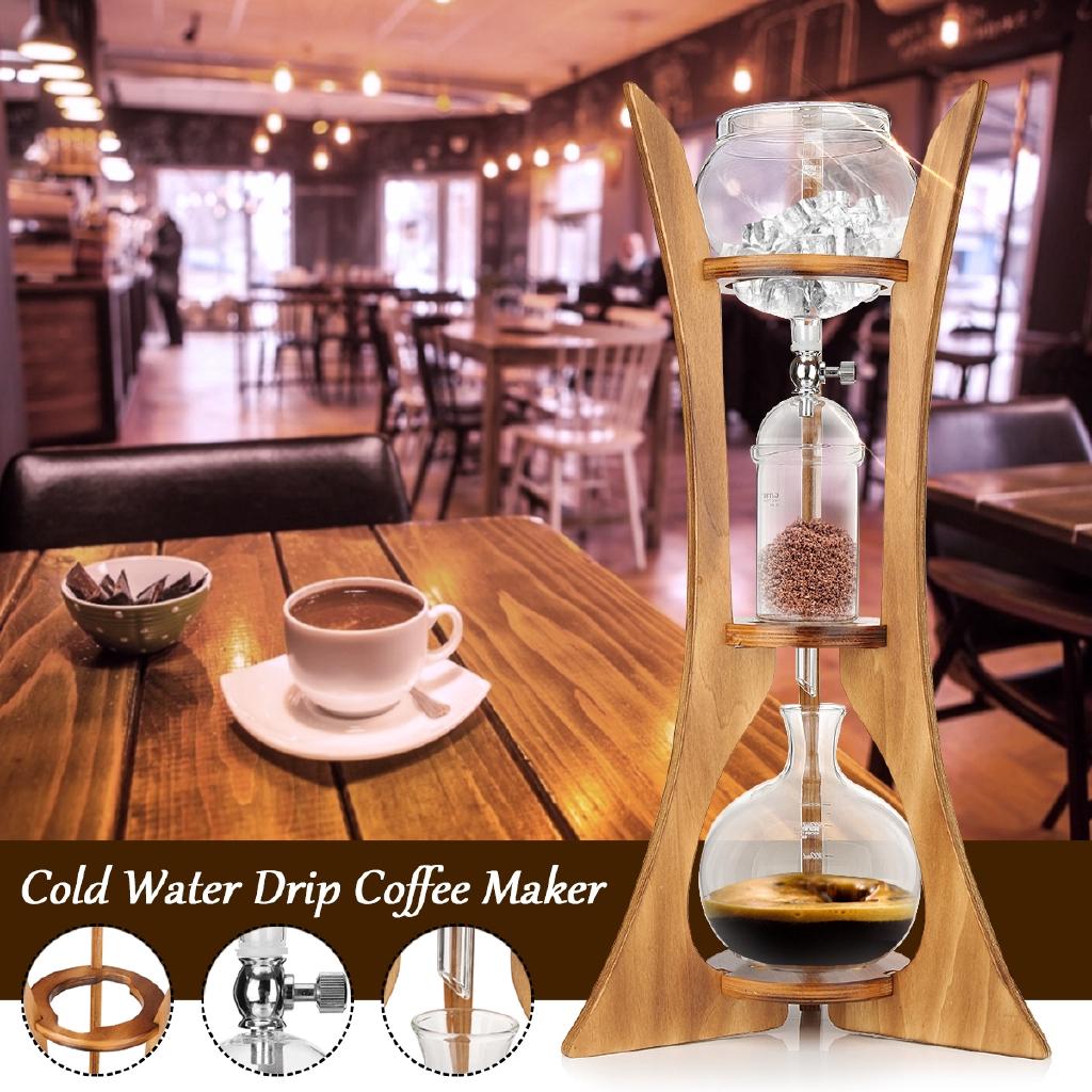 600 ml 8 Tassen Kaltes Tropf-Eis Siphon Kaffeekanne Maker Glas Dutch Brew Maschine Filterpapier Home Küche Kaffee Werkzeug Holzrahmen