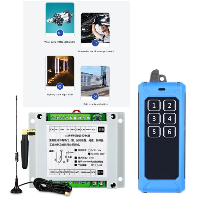 315Mhz/RF433Mhz Wireless Remote Control Switch DC 12V-24V Relay 6CH Receiver Controller and 6Button Transmitter