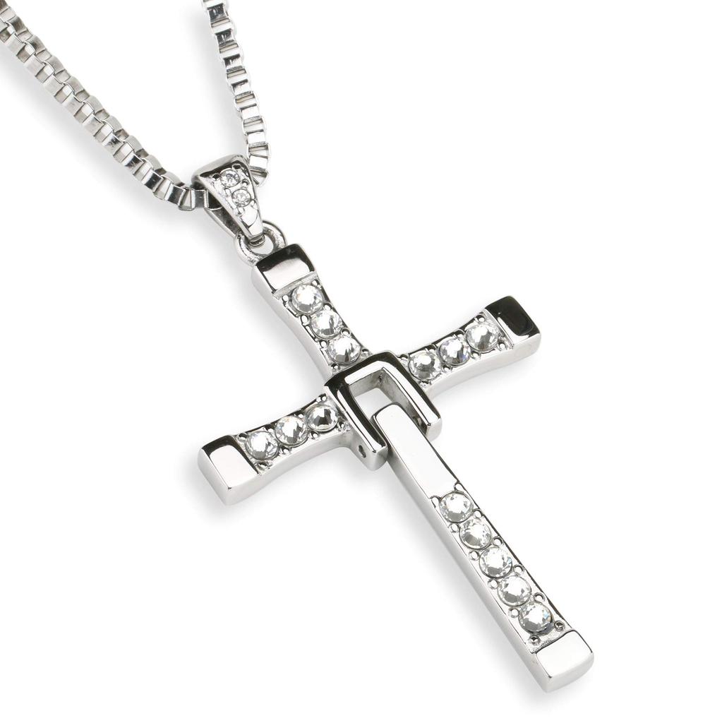 SilverKYASYA 316L Cross Necklace Zirconia Cross Necklace Rosary Necklace Stainless Steel Long Large Cross Men's