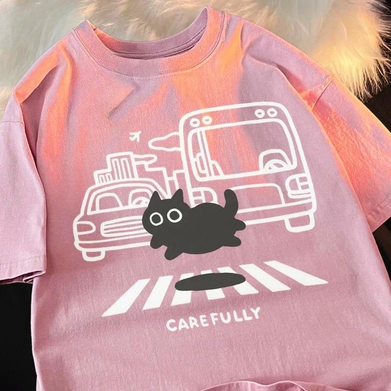 

Переходя дорогу Кот Милый Мультяшный Черный Кот Летняя Женская Футболка Прилегающая Мягкая Повседневная Дышащая Удовольствие Комфорт Топы 4XL