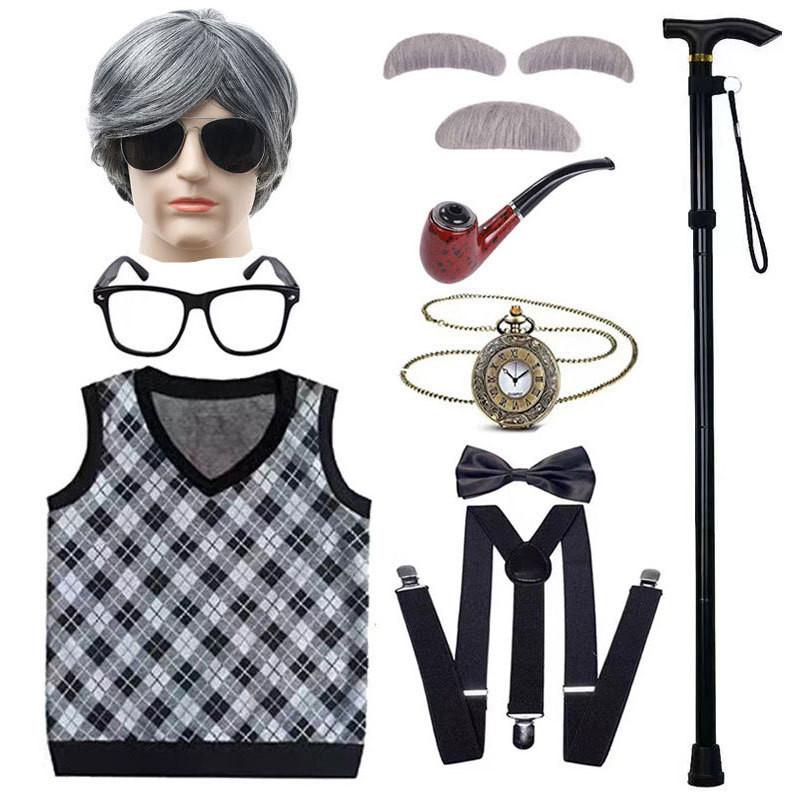 Disfraz de abuelo premium con peluca, chaleco elegante y accesorios para niños y adultos.