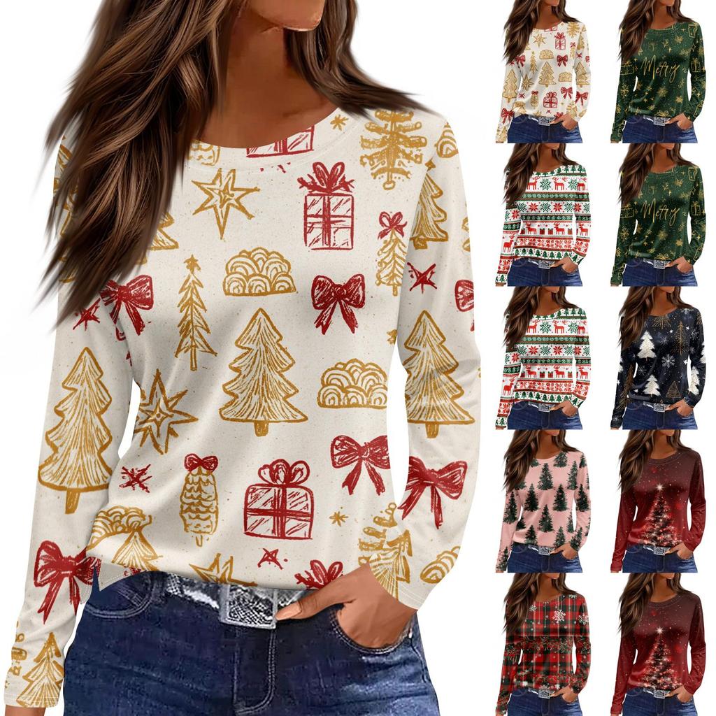 Women's Christmas Print Long Sleeve Top with Side Slit Hem and Round Neck for Holiday Parties