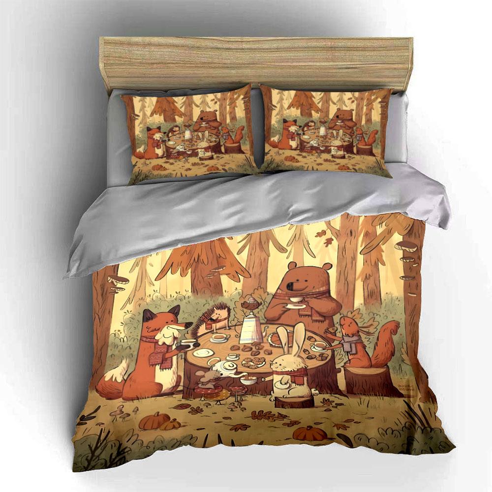 Cozy Woodland Animal Tea Party Printed Duvet Cover Set1 Duvet Cover+2 Pillowcasemulti Size Bedroom Bedding Decor Luxury Gifts