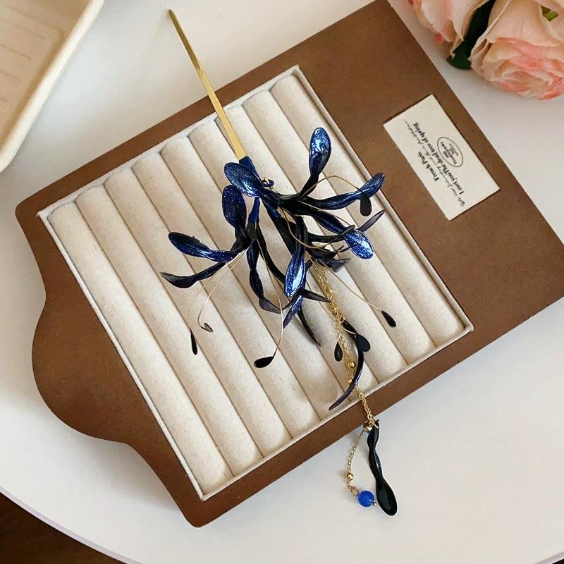 Super Fairy Red Spider Lily Flower Hair Sticks for Women Dripping Oil Tassel Hairpins Vintage Delicate Hanfu Chopsticks Wedding синий