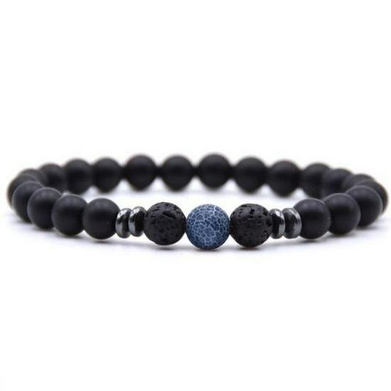 Women's Energy Yoga Bracelet: 8mm Frosted Black Volcanic, Amber & Weathered Stones
