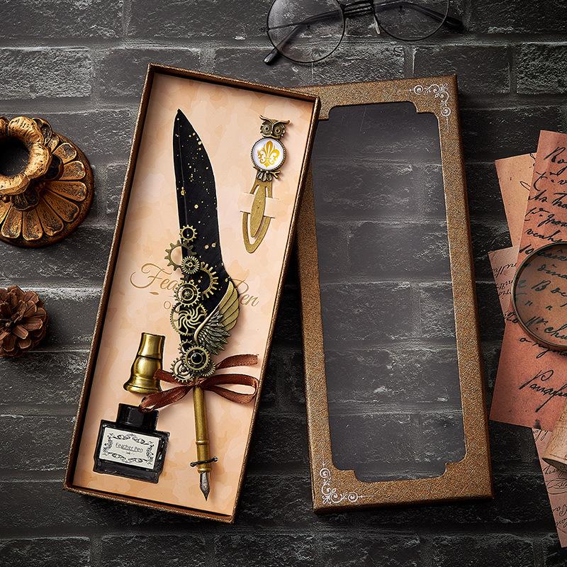 Vintage Mechanical Feather Dip Pen Set,Ink-Containing,Penholder,Bookmark,Art Calligraphy Signature Pen Holiday Gift Giftboxed