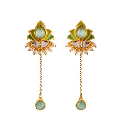Forever More Green Stones and Pearls Enamelled Drop Earrings|Enamelled Earrings For Women