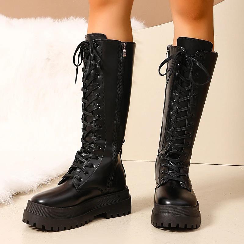 Women's Chunky Platform Knee High Boots Fashion Thick Sole PU Leather Motorcycle Boots Woman Autumn Winter Punk Long