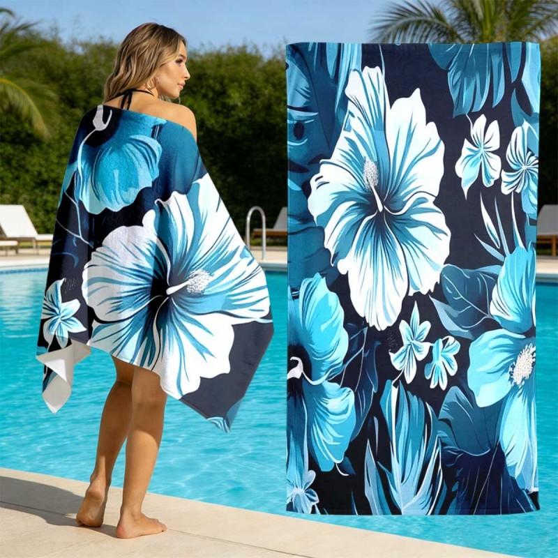 Tropical Hibiscus Dark Style Black Base Large Blue Hibiscus Palm Leaf Exotic Floral Print Quick Dry Beach Towel