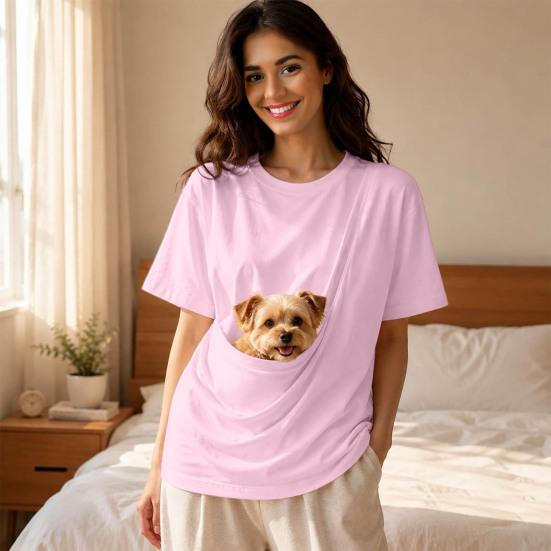 Solid Color T-shirt Women Pet Pouch T-Shirt, Dog Cat Carrier Short Sleeve Shirt for Hands Free Carrying Clothing Summer, Loose Casual Crew Neck
