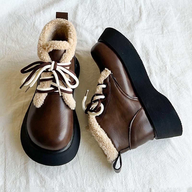 Fashion Round Toe Lace-up Chunky Snow Boots for Women Leather Plush Booties Comfortable and Elegant Footwear Autumn Winter Woman Shoes