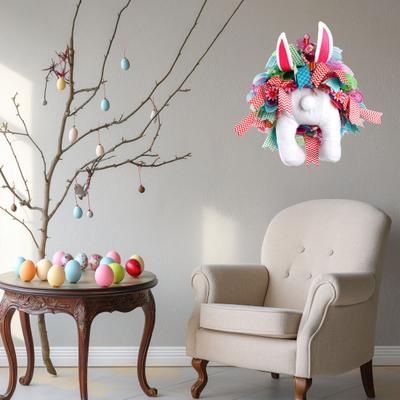 Easter Bunny Wreath with & Colorful Front Door Hanging Ribbon Plush Floppy Ears Wreath Spring Festival Party Decoration
