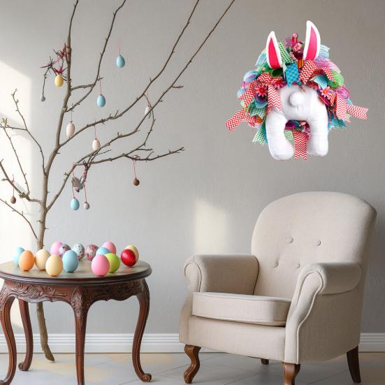 Easter Bunny Wreath with Floppy Ears & Colorful Ribbon Plush Front Door Hanging Wreath Spring Festival Party Decoration