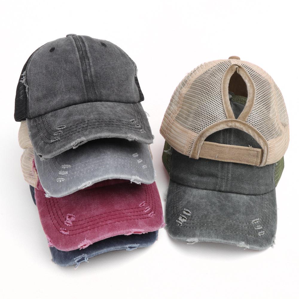 Women's Washed Cotton Ponytail Baseball Cap - Ripped, Breathable Mesh Sun Hat for Outdoor Sports