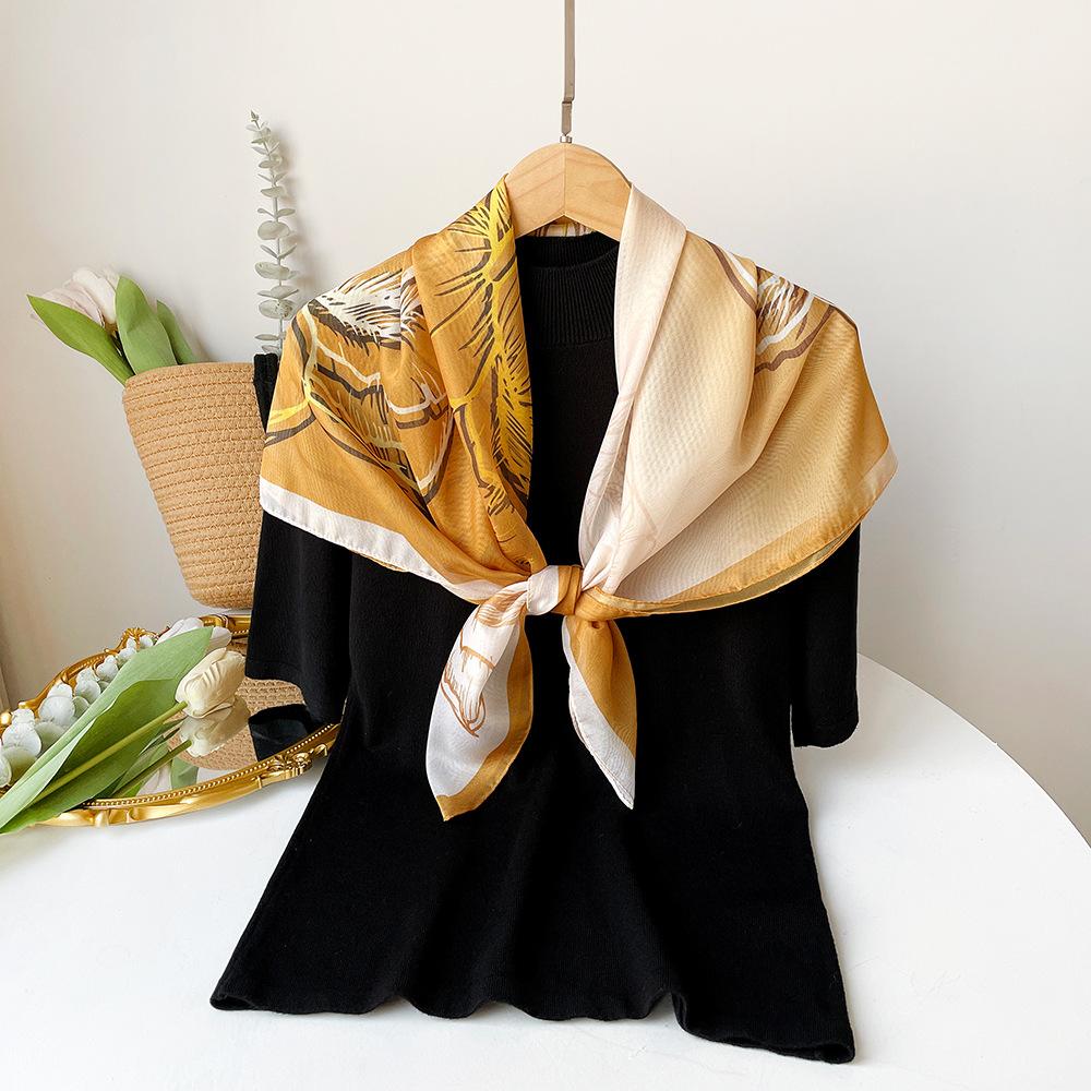 Spring Printed Silk Scarf Square Scarf Premium Sense Wrapping Turban French Gradient Paired with Shirt Thin Sunscreen Scarf
