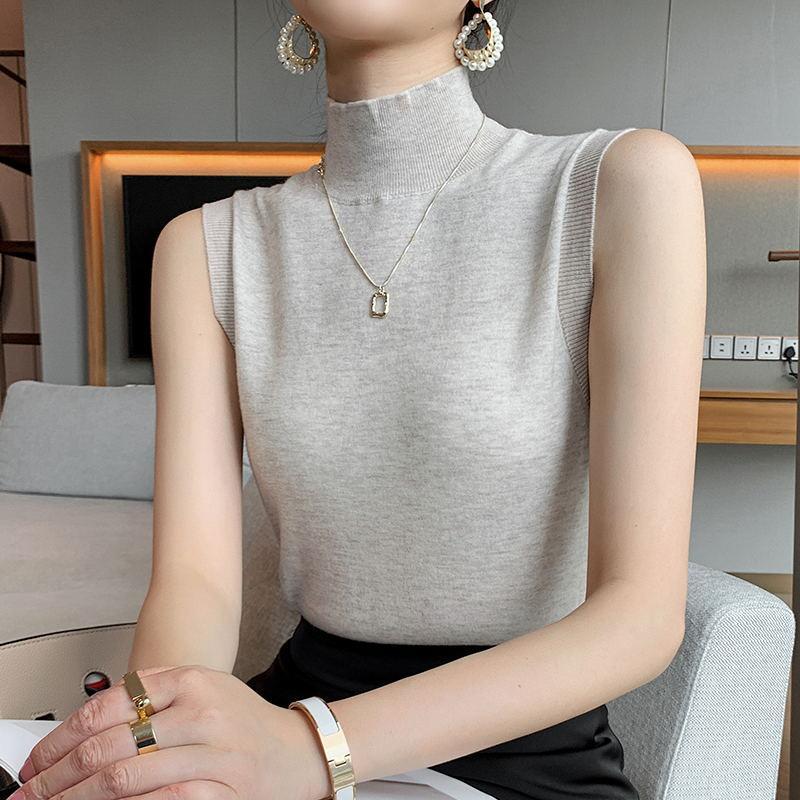 Women's Ice Silk T-shirt Spring Summer Korean Style Sleeveless Lining Top Half High Neck Slim Fit Knit Vest Top