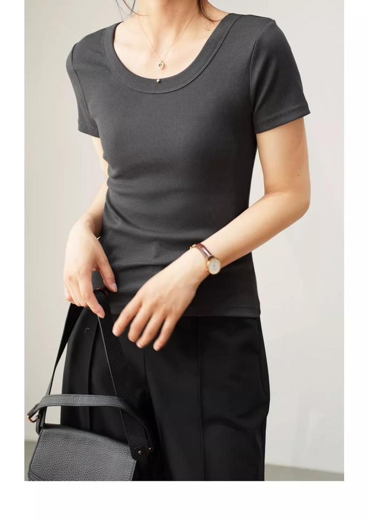 Damen Sommer 2025 Schlank geschnittenes geripptes U-Ausschnitt T-Shirt - Vielseitig Große Größen, Hohe Elastizität, Kurzarm Basis-Top