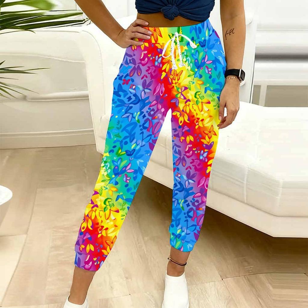 Sommer Damen Blumenmuster Print Schweißhose Lockerer Schnitt Kordelzug Jogginghose Elastischer Bund Tägliche Lässige Hose