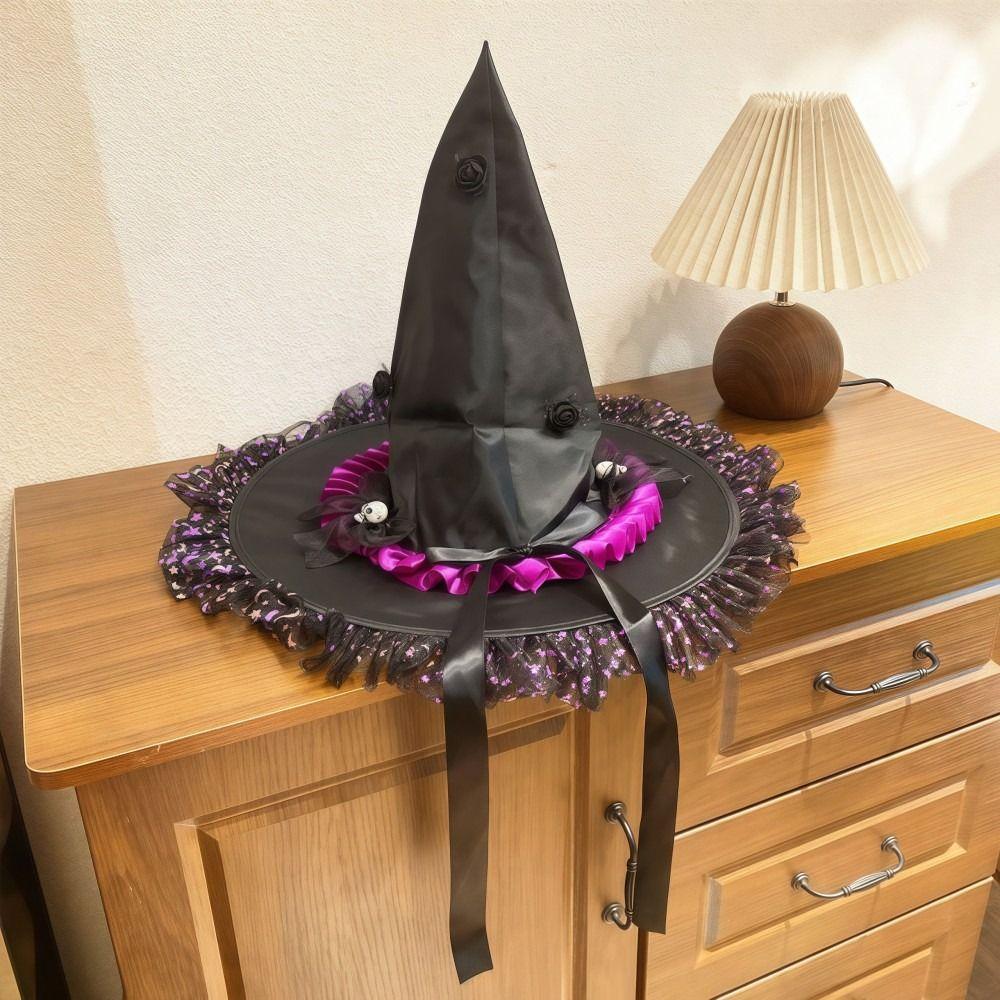 New Lightweight Halloween Witch Hat Breathable Lace Edge Wizard Cap Dark Style Cosplay Top Hat Party Holiday Decorations