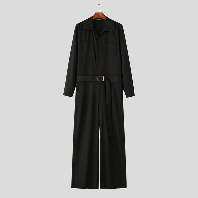 INCERUN Oversized Men Lapel Neck Long Sleeve Belt Waist Casual Loose Long Rompers Jumpsuits