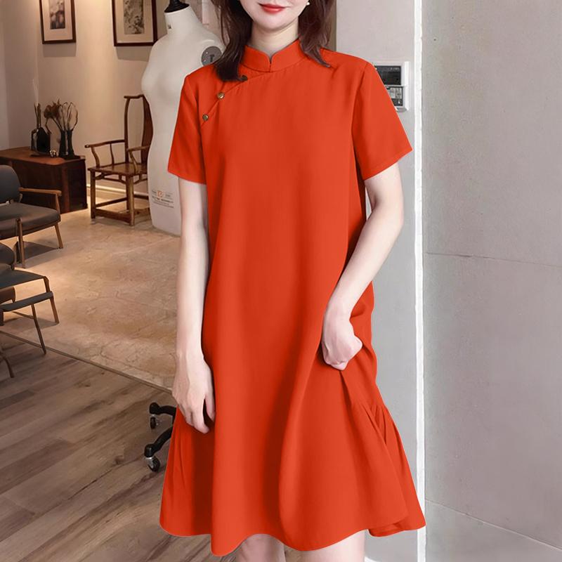 ZANZEA Damen Freizeit Stehkragen Sommer Kurzarm Kleid