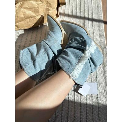 Neue plissierte kniehohe Jeansstiefel für Damen im Herbst, spitze Zehenpartie, klobige Absätze, Cowboystiefel für Damen in Übergröße, Western-Jeansschuhe