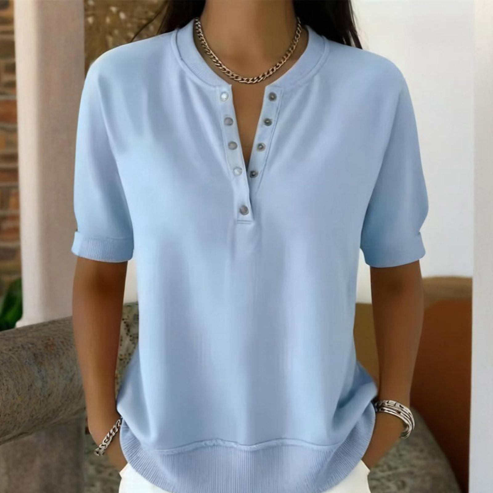 

Women’s Short Sleeve V Neck Henley Top Casual Loose Fit Knit Pullover Lightweight Blouse for Daily Office Wear L