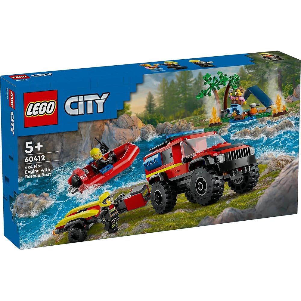 LEGO City 4WD Fire Truck and Rescue Boat Toy Set for Kids Ages 5-8 Building Blocks Vehicle