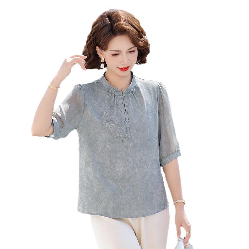 Elegant Anti-Aging Chinese Style Summer T-Shirt, Seven-Point Sleeve for Middle-Aged and Elderly Women