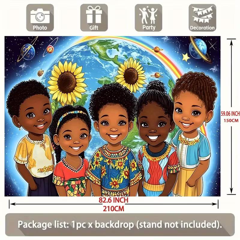 Space Themed Tapestry with Black Children, Earth Planets & Sunflower Print Wall Art for Nursery & Party Backdrop