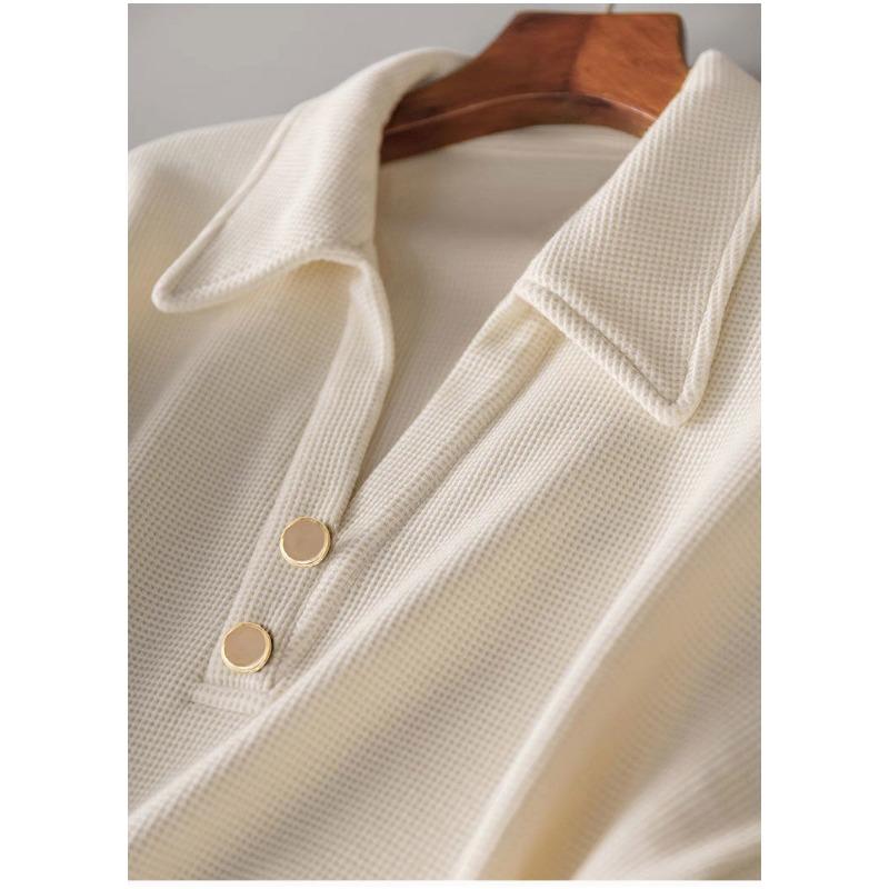 Spring Autumn Waffler Polo V-neck Loose Casual Sweatshirt Women Long Sleeve Solid Simple All-match Pullover Top
