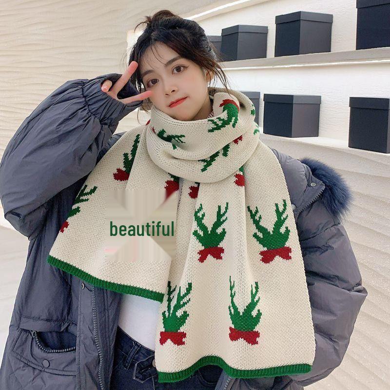 Women's Red Knitted Wool Scarf: New Year & Christmas, Warm & Versatile for Autumn/Winter