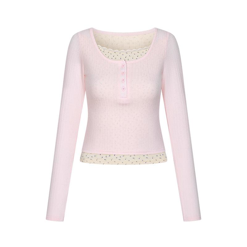 Camiseta de Manga Larga para Mujer Primavera y Otoño Estilo Francés Ajustada Ropa de Mujer con Falso Dos Encaje Y2k