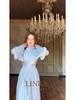 2025 European & American Style Women's Long White High-Neck Waist-Cinching Half-Sleeve Dress