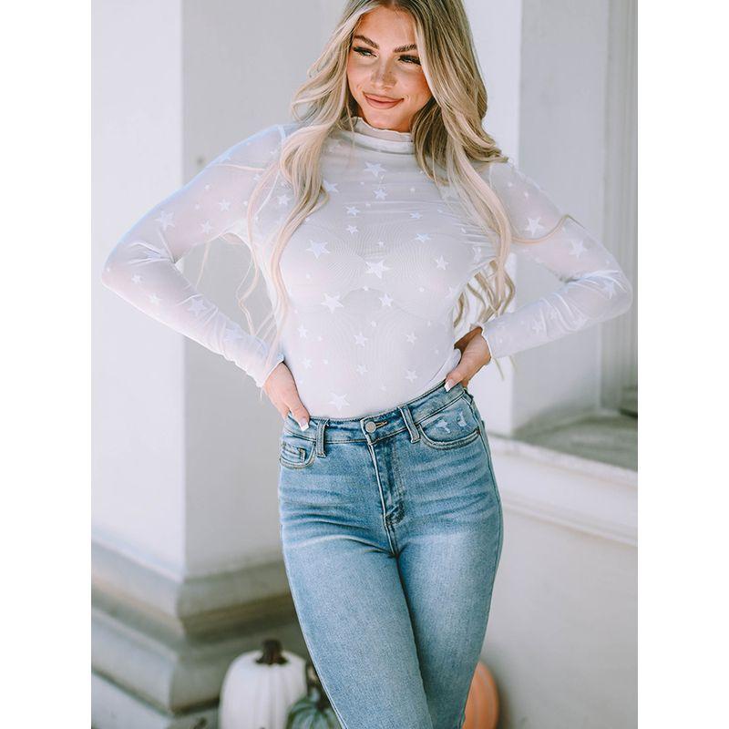 Fashion Five-Pointed Star Print Long Sleeves Thin T-shirt Female 2024 Autumn Thin Elderly Mesh Bottoming Shirt Tops Female