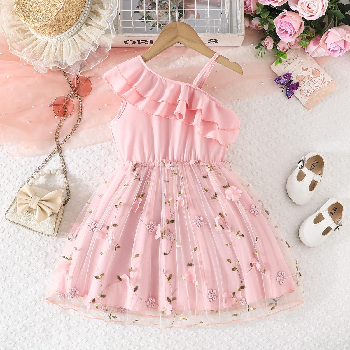 

Girls Floral Embroidery Tulle Dress, One-Shoulder Ruffle with Bow Belt Party Outfit 4Y жевательная резинка